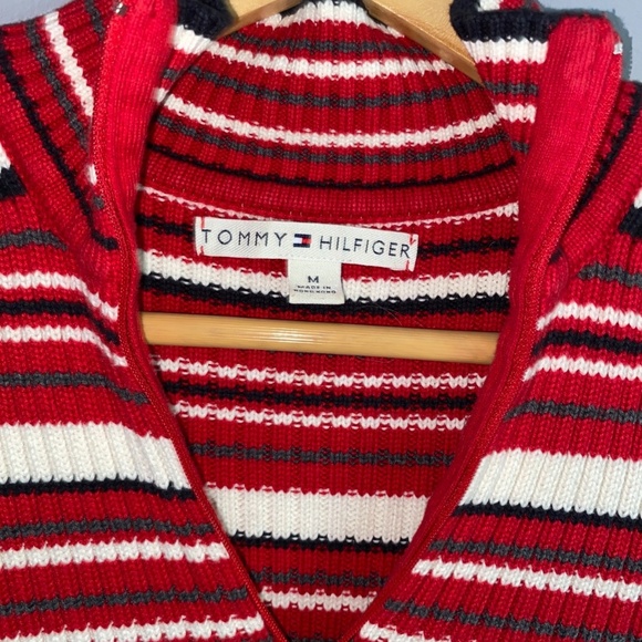 TOMMY HILFIGER Quarter Zip Stripe Sweater Red Balck White Women's Medium - Picture 5 of 7